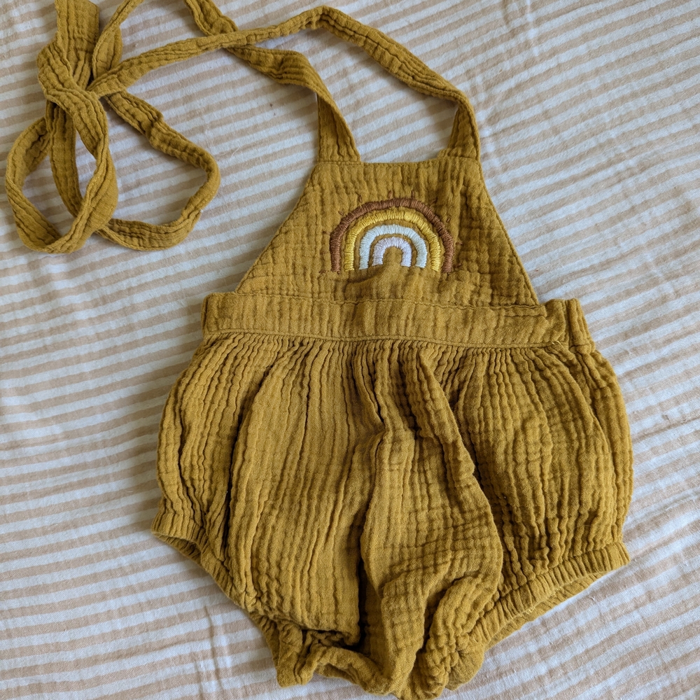 Wild Wawa Mustard Yellow Baby Romper with Rainbow Embroidery